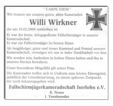 Traueranzeige Willi Wirkner